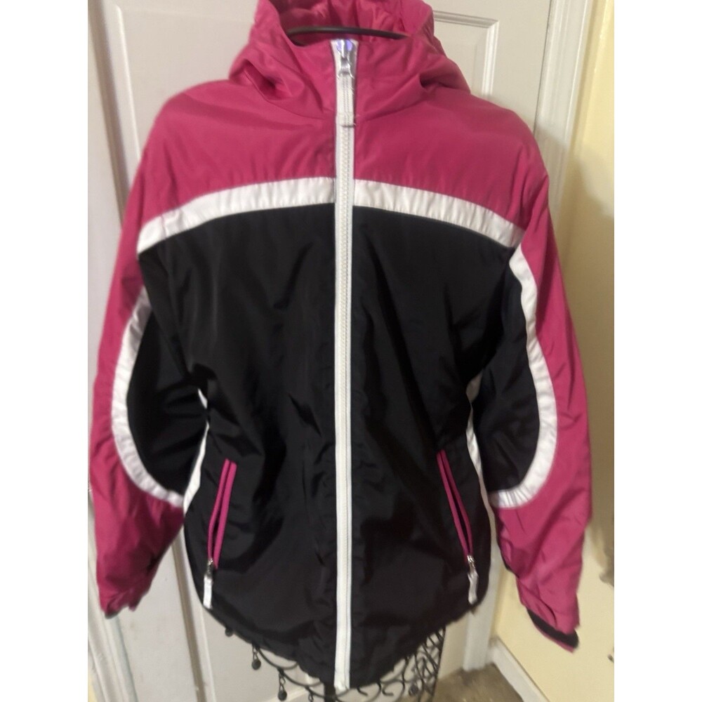Lands End Hooded Zip Up Pink and Black Puffer Jacket Girls Size 10-12